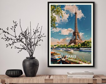 Paris France Travel Art Poster Print. Eifel Tower Parisian Retro Illustration Wall Art -Cityscape River Gift For Travel Lovers Home Decor