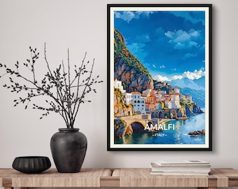 Amalfi Italy Travel Art Poster Print. Retro Illustration Wall Art - Cityscape Gift For Amalfi Coast Travel Lovers - Home & Office Decor