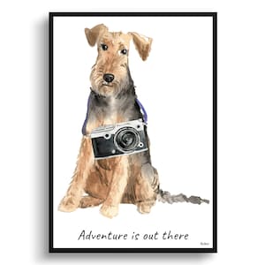 Adventure is out there Welsh Terrier dog print illustration. Framed & un-framed wall art options. Personalised name.