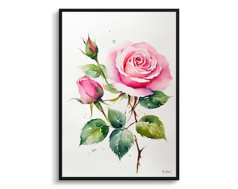 Rosa Rose Minimalist Aquarell Botanische Kunst Druck - Rosa Blumen Eingerahmt Pflanze Wand Kunst Poster Blumenmalerei