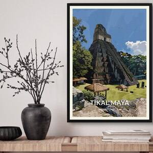 Impressão de pôster de arte de viagem de Tikal Maya Guatemala. Arte de parede com ilustração retrô - presente de paisagem urbana para amantes de viagens - decoração de casa e escritório