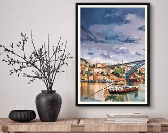 Porto Portugal Travel Art Poster Print. Retro Illustration Wall Art - Cityscape Gift For Travel Lovers - Home & Office Decor