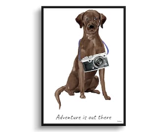 Adventure is out there Brown Labrador retriever Dog print illustration. Framed & un-framed wall art options. Personalised name. Poster sizes