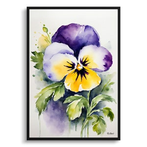 Stiefmütterchen Aquarell Botanische Kunst Druck - Heartsease Blumen eingerahmt Pflanze Wand Kunst Poster Blumenmalerei