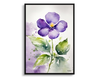 Impressão de arte botânica aquarela violeta - madeira floral emoldurada planta arte de parede pintura de flores - decoração floral para casa - impressão de flores