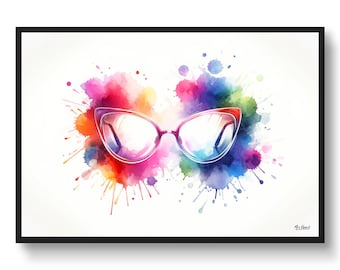 May include: A framed art print featuring a pair of cat-eye glasses with a vibrant watercolor design. The glasses are outlined in a gradient of pink and red, set against a colorful splash of blues, greens, and yellows.