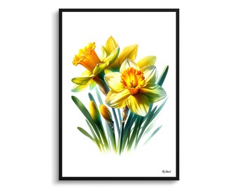 Botanical Art Narcissus Jonquil (Daffodil) Framed Plant Watercolor Painting Wall Art Print - Flower Boho Decor - Perfect housewarming gift