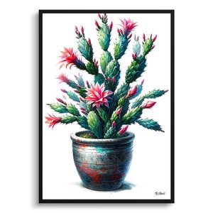 Erntedank-Kaktus Botanische Druck - Aquarell gerahmte Gemälde Wandkunst - Schlumbergera truncata Perfektes Geschenk für Wohnzimmer, Schlafzimmer