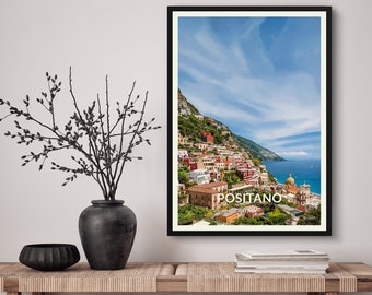 Positano Italy Travel Art Poster Print. Retro Illustration Wall Art - Amalfi Coast Gift For Travel Lovers - Home & Office Decor