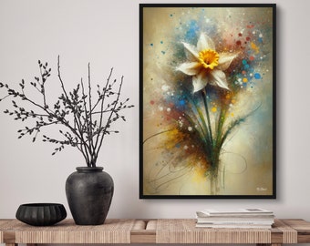 Narcissus Jonquil (Daffodil) Flower Whimsical Botanical Art Print. Abstract Framed Oil Painting Modern Wall Art Print. Housewarming gift