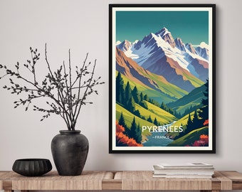 Pyrenees France Travel Art Poster Print. Retro Illustration Wall Art - Mountain National Park Gift For Travel Lovers - Home & Office Decor