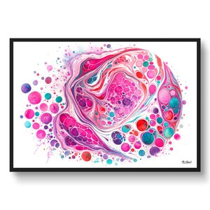 May include: Abstract painting with pink, red, blue, and purple swirls and circles on a white background. The painting has a textured look and is signed "Mat Henri" in the bottom right corner.