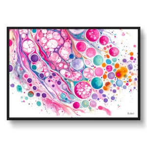 May include: Abstract painting with a white background and colorful swirls and circles in shades of pink, purple, blue, orange, and yellow. The painting is framed in black.