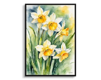 Daffodil Watercolour Botanical Art Print - Narcissus Jonquil Framed Plant Wall Art Flower Poster