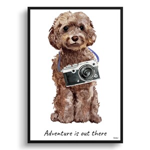 Adventure is out there Brown Cockapoo Dog print illustration. Framed & un-framed wall art options. Personalised name. Poster sizes