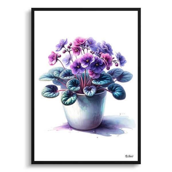 African Violet (Saintpaulia Ionantha) Botanical Print - Watercolor Framed Painting Wall Art - Perfect for living room, bedroom , office