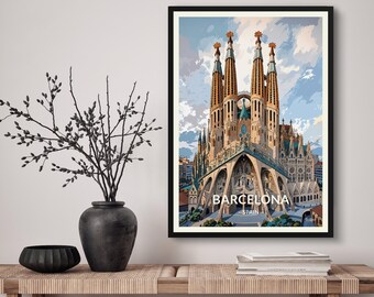 Barcelona Spain Sagrada Familia Travel Art Poster Print. Retro Antoni Gaudí Illustration Wall Art - Gift For Travel Lovers - Home Decor