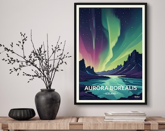 Aurora Borealis Island Reise-Kunst-Plakat-Druck. Retro Illustration Wandkunst - Nordlichter Geschenk für Reiseliebhaber - Home & Office Decor