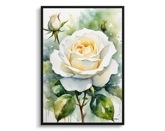 May include: A watercolor painting of a single white rose with green leaves and buds. The rose is in the center of the painting and is surrounded by a green background with white splatters.