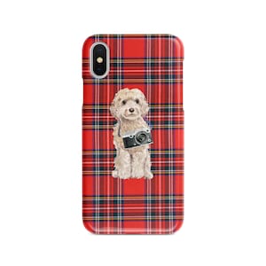 Champagne Cockapoo dog Tartan phone case. 11 Styles: Iphone 16 Pro Max, 15, 14 to 6 & Samsung Galaxy S24 Ultra, S23, S22
