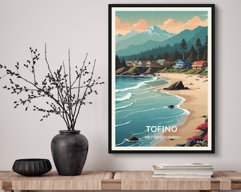 Tofino British Columbia Travel Art Poster Print. Retro illustratie muurkunst - cadeau kust surfen strand - decoratie voor thuis