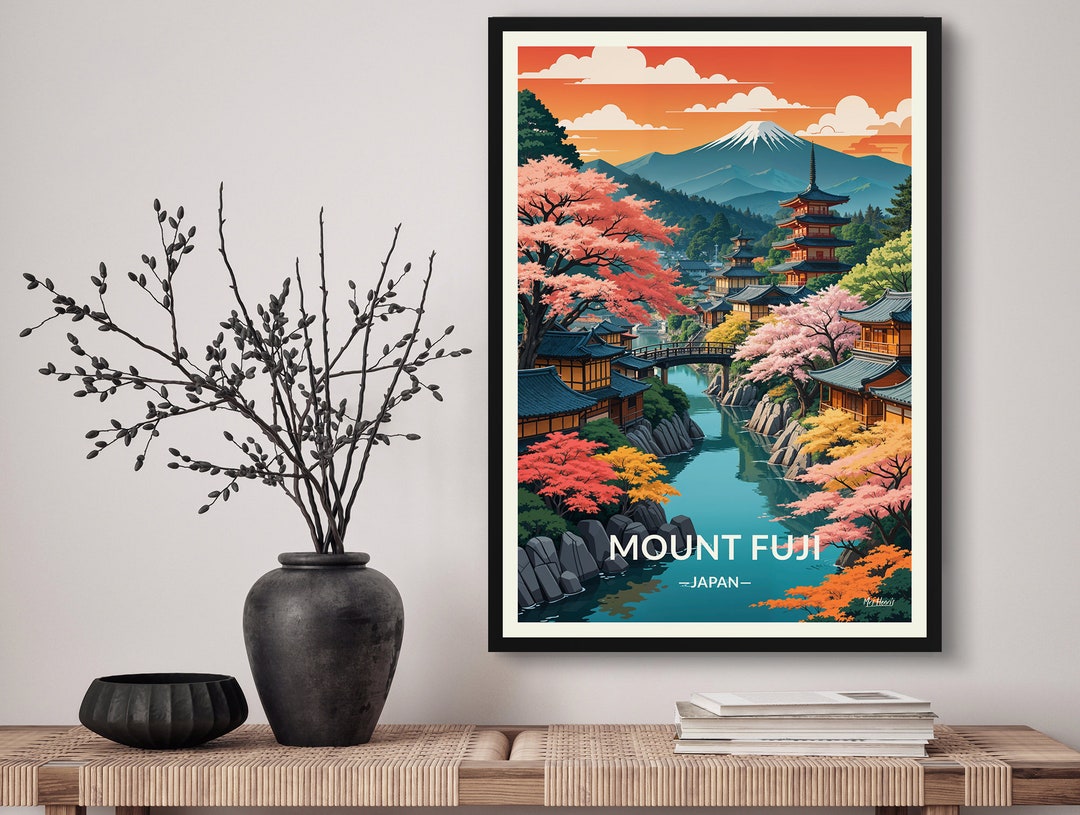 Mount Fuji Japan Travel Art Poster Print. Retro Illustration Wall Art ...