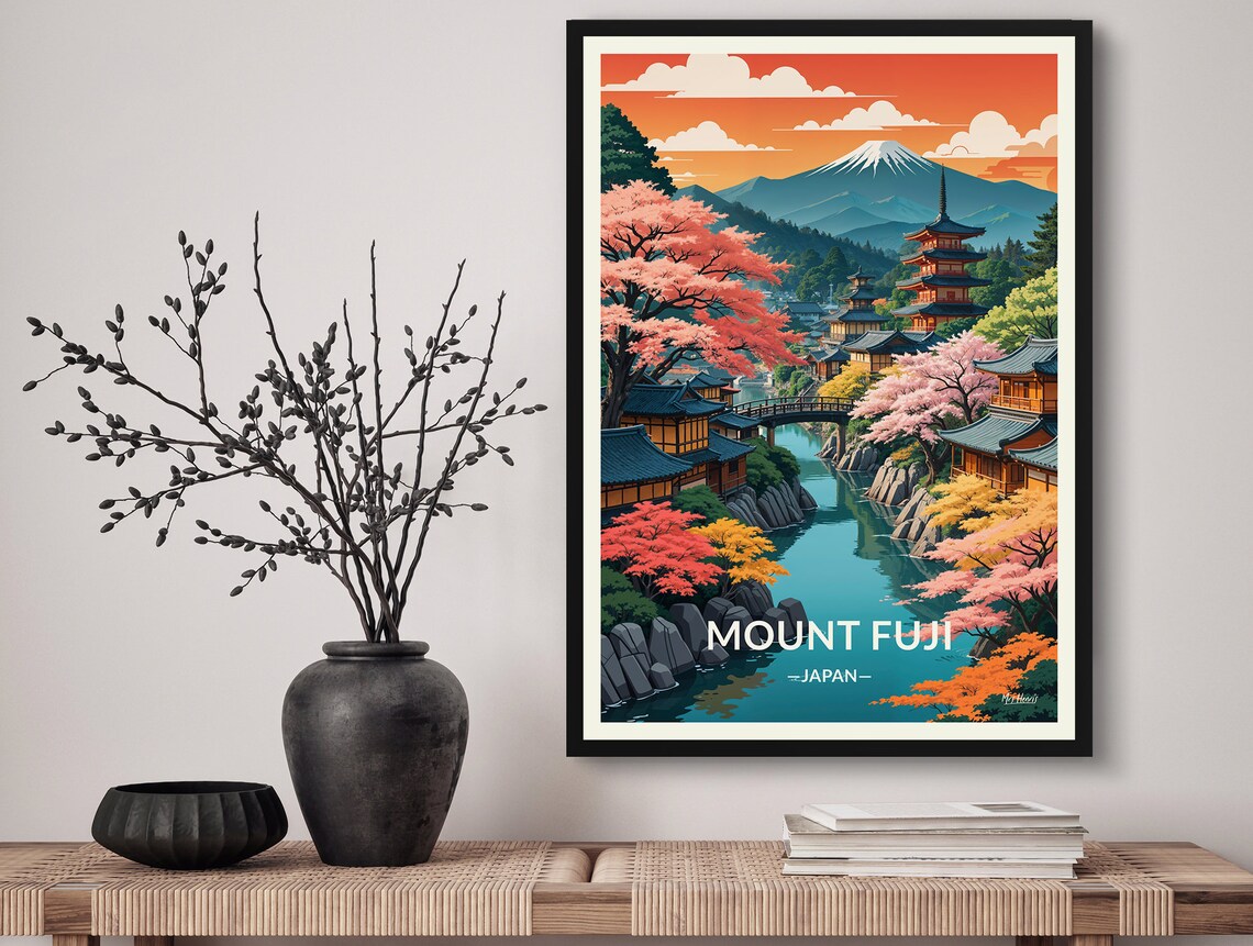 Mount Fuji Japan Travel Art Poster Print. Retro Illustration Wall Art ...