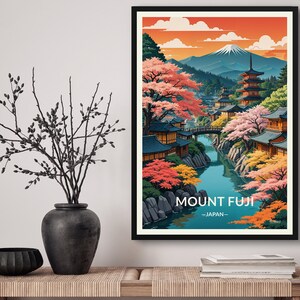 Mount Fuji Japan Travel Art Poster Print. Retro Illustration Wall Art - Mountain Cityscape Gift For Travel Lovers - Home & Office Decor