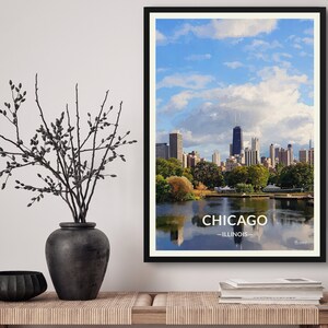 Chicago Illinois Travel Art Poster Print. Retro Illustration Wall Art - Vintage Chicago Cityscape Gift For Travel Lovers Home & Office Decor