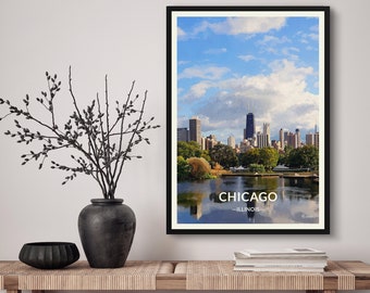 Chicago Illinois Travel Art Poster Print. Retro Illustration Wall Art - Vintage Chicago Cityscape Gift For Travel Lovers Home & Office Decor