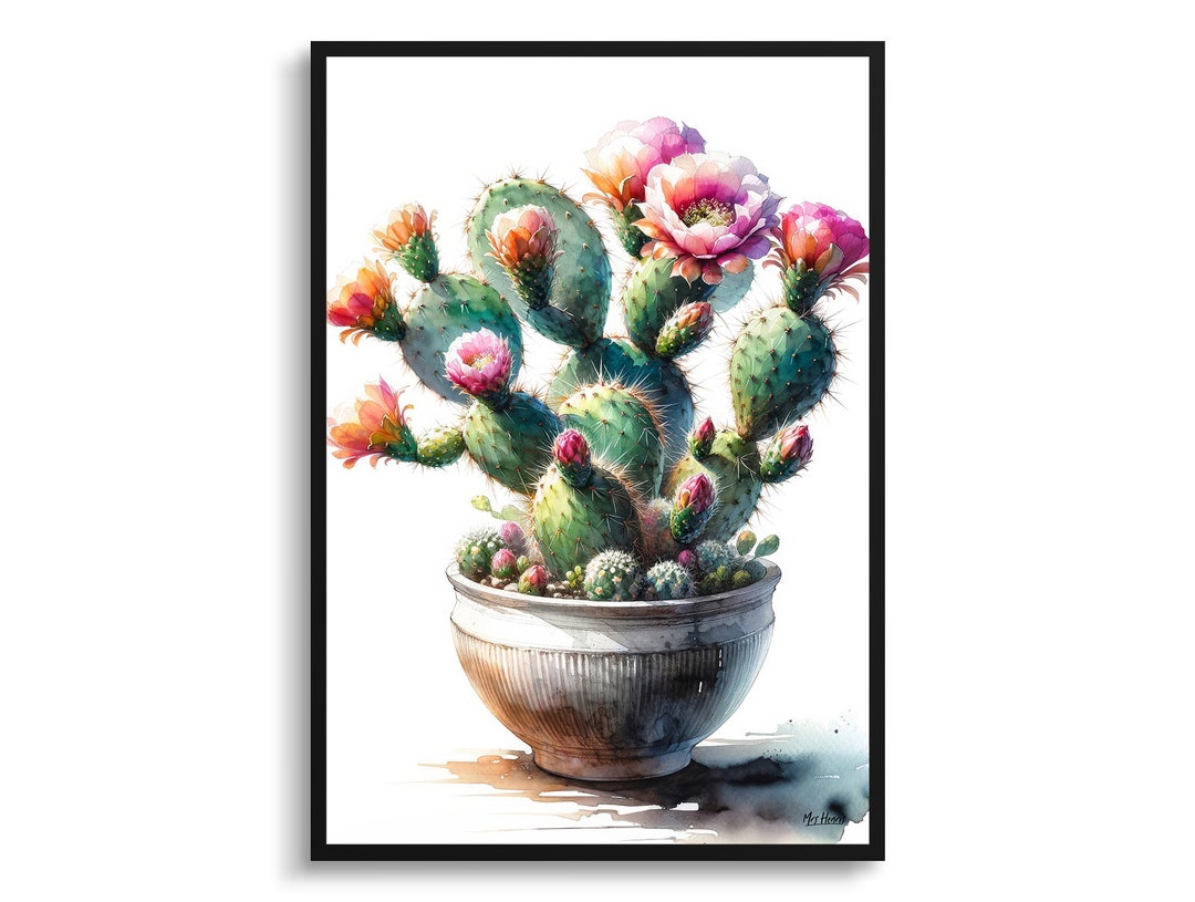 Prickly Pear Cactus opuntia Botanical Print Watercolor Framed 