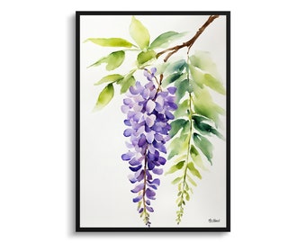 Glyzinien x Valderi Minimalist Aquarell Botanische Kunst Druck - Burford Floral Gerahmte Pflanze Wand Kunst Blumenmalerei