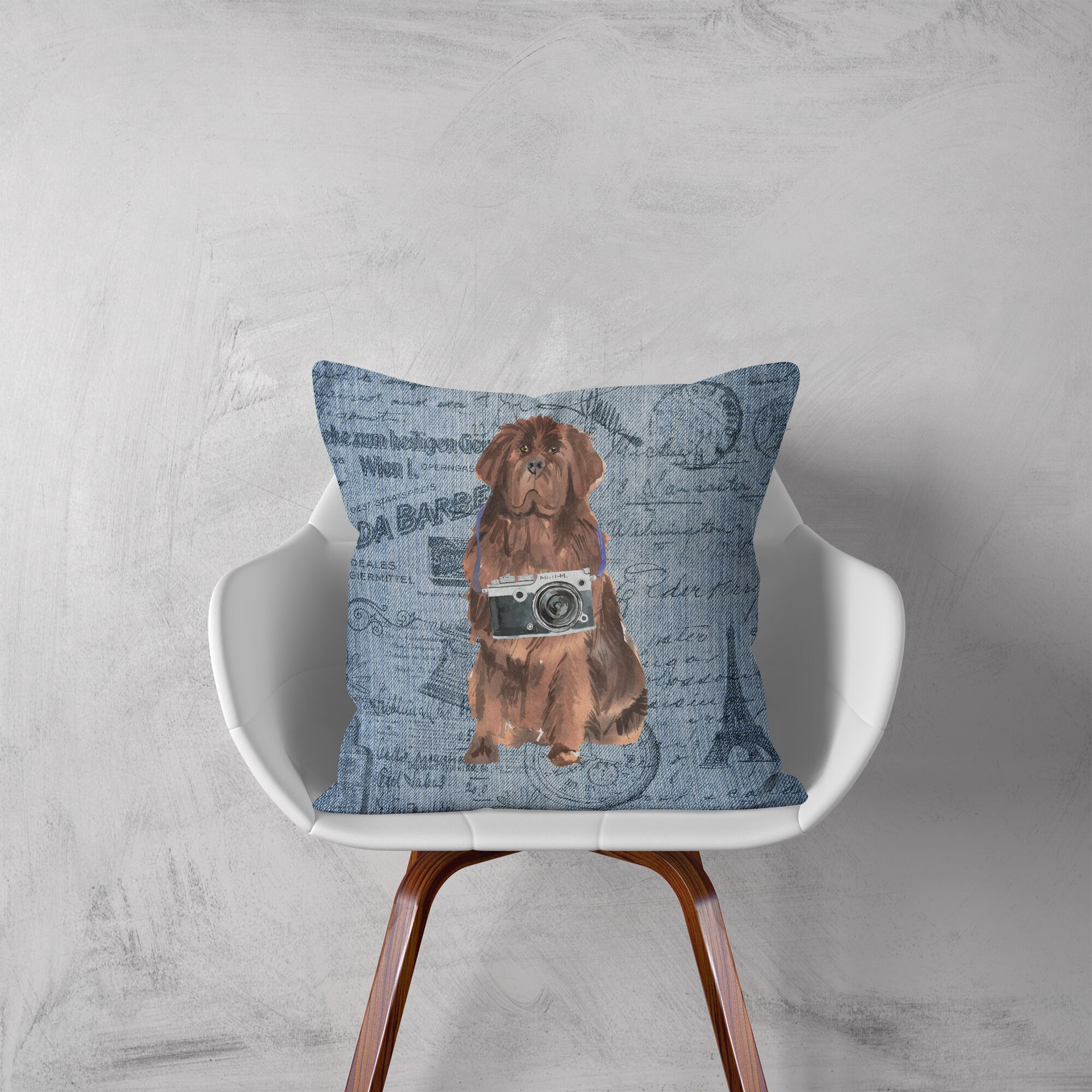 Travel collection. Large denim style cushion with filling available in linen or velour Newfoundland dog Inspired Throw Pillow