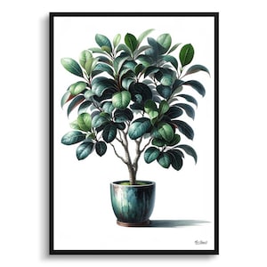 May include: A painting of a potted ficus plant with dark green leaves and a blue and green ceramic pot. The plant is on a white background.