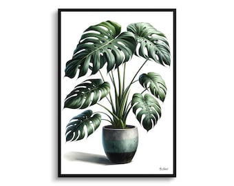 Schweizer Käsepflanze Monstera Botanischer Druck - Aquarell gerahmte Gemälde Wandkunst - Deliciosa Perfektes Geschenk für Wohnzimmer, Schlafzimmer, Büro