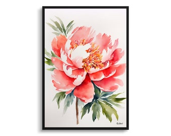 Peony Minimalist Watercolour Botanical Art Print - Herbaceous Floral Framed Plant Wall Art Poster Flower Painting