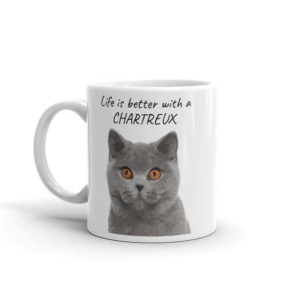 Life is better with a Chartreux cat - Illustrated Cat lover mug - Ideal gift or companion for the office