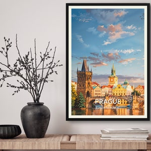 Praag Tsjechië reizen poster kunstafdruk. Retro illustratie muurkunst - Karelsbrug stadsgezicht cadeau voor reisliefhebbers - Woondecoratie