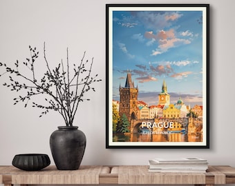 Prague Travel Poster – Retro Charles Bridge Illustration, Czech Republic