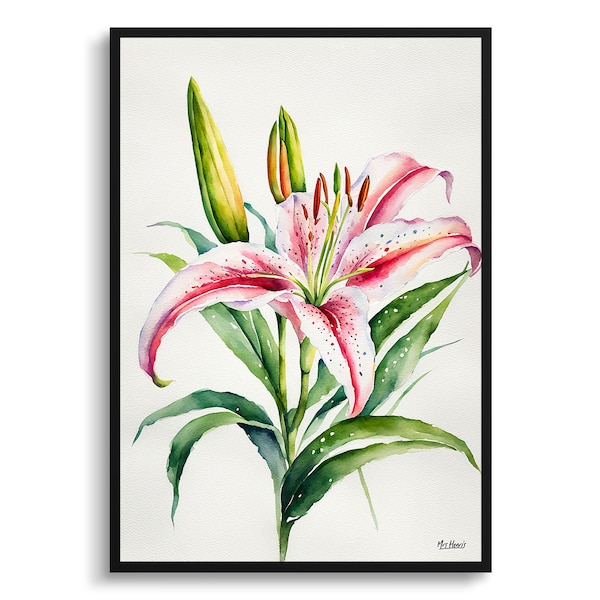 Stargazer lily Minimalist Watercolour Botanical Art Print - Oriental Floral Framed Plant Wall Art Flower Painting