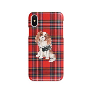 Cavalier king charles spaniel dog Tartan phone case. 11 Styles: Iphone 16 Pro Max, 15, 14 to 6 & Samsung Galaxy S24 Ultra, S23, S22
