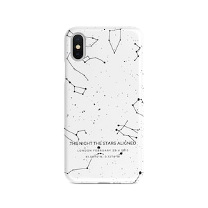 Coque de téléphone carte des étoiles personnalisée noir sur blanc. Carte des constellations personnalisée - Iphone 16 Pro Max, 15 à 6 ans et Samsung Galaxy S24, S23, S22