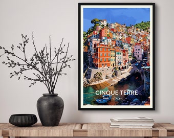Cinque Terre Italy Travel Art Poster Print. Retro Illustration Wall Art - Riomaggiore Gift For Travel Lovers - Home & Office Decor