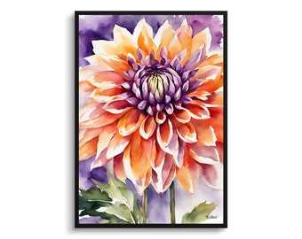 Purple and orange dahlia Watercolour Botanical Art Print - Asteraceae Floral Framed Plant Wall Art Poster Flower Painting- Floral Home Decor