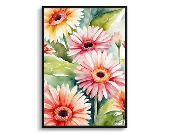 May include: Watercolor painting of pink, orange, and yellow gerbera daisies with green leaves. The flowers are arranged in a cluster and the painting has a soft, romantic feel.