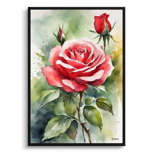 Rosa roja acuarela arte botánico impresión - jardín floral enmarcado planta pared arte cartel pintura de flores - decoración floral del hogar - estampado de flores