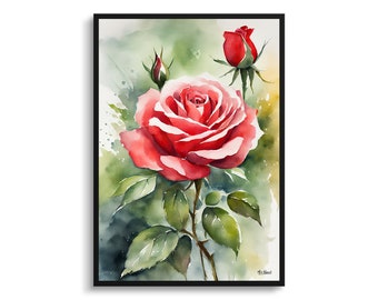 Red rose Watercolour Botanical Art Print - Garden Floral Framed Plant Wall Art Poster Flower Painting - Floral Home Decor - Flower Print