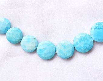 Turquoise Faceted Beads, Howlite Turquoise Coin Shape Beads, 11mm - 14mm Bead, Chinese Turquoise Beads, Round Shape Beads, 3 Inch Strand