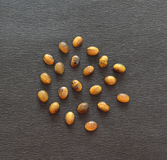 Tiger Eye Cabochons, Scarabs Oval Shape Gemstone, Brown Color Tiger Eye Gemstone, Hand Carved, 5 Pieces Lot, 6x8mm # AR0051