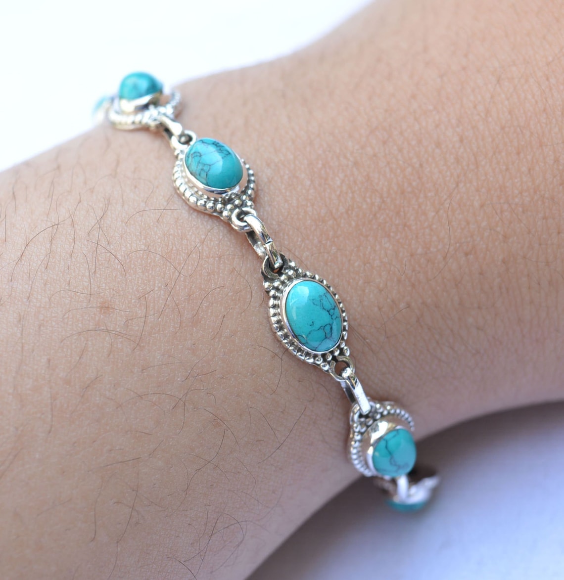 Turquoise Stone Adjustable Bracelet 925 Sterling Silver Etsy